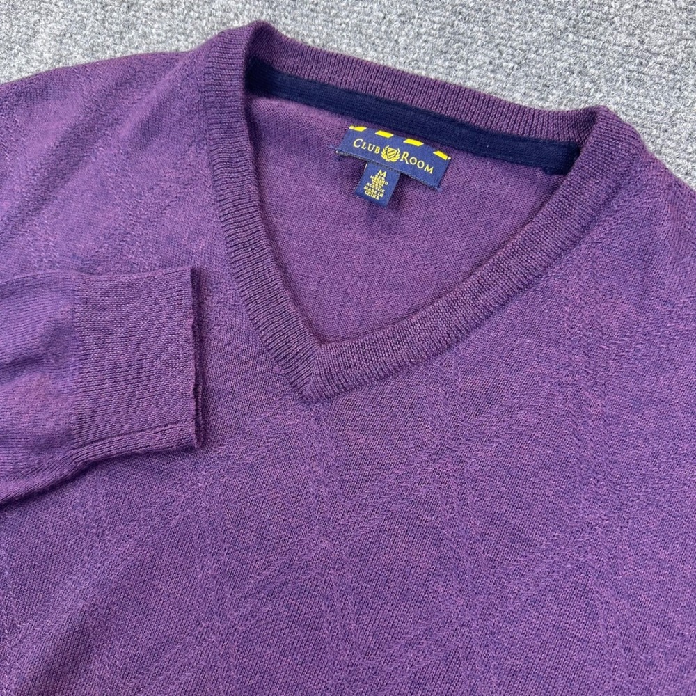 Club Room Merino Wool Blend Knit V-Neck‎ Pullover Mens M Purple Chevron Pattern